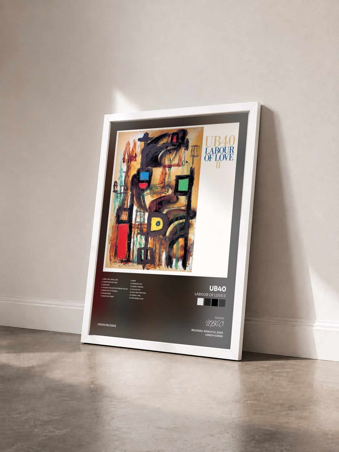 #blanc Tableau de l'album Labour Of Love II de UB40 vu de trois quarts, cadre blanc
