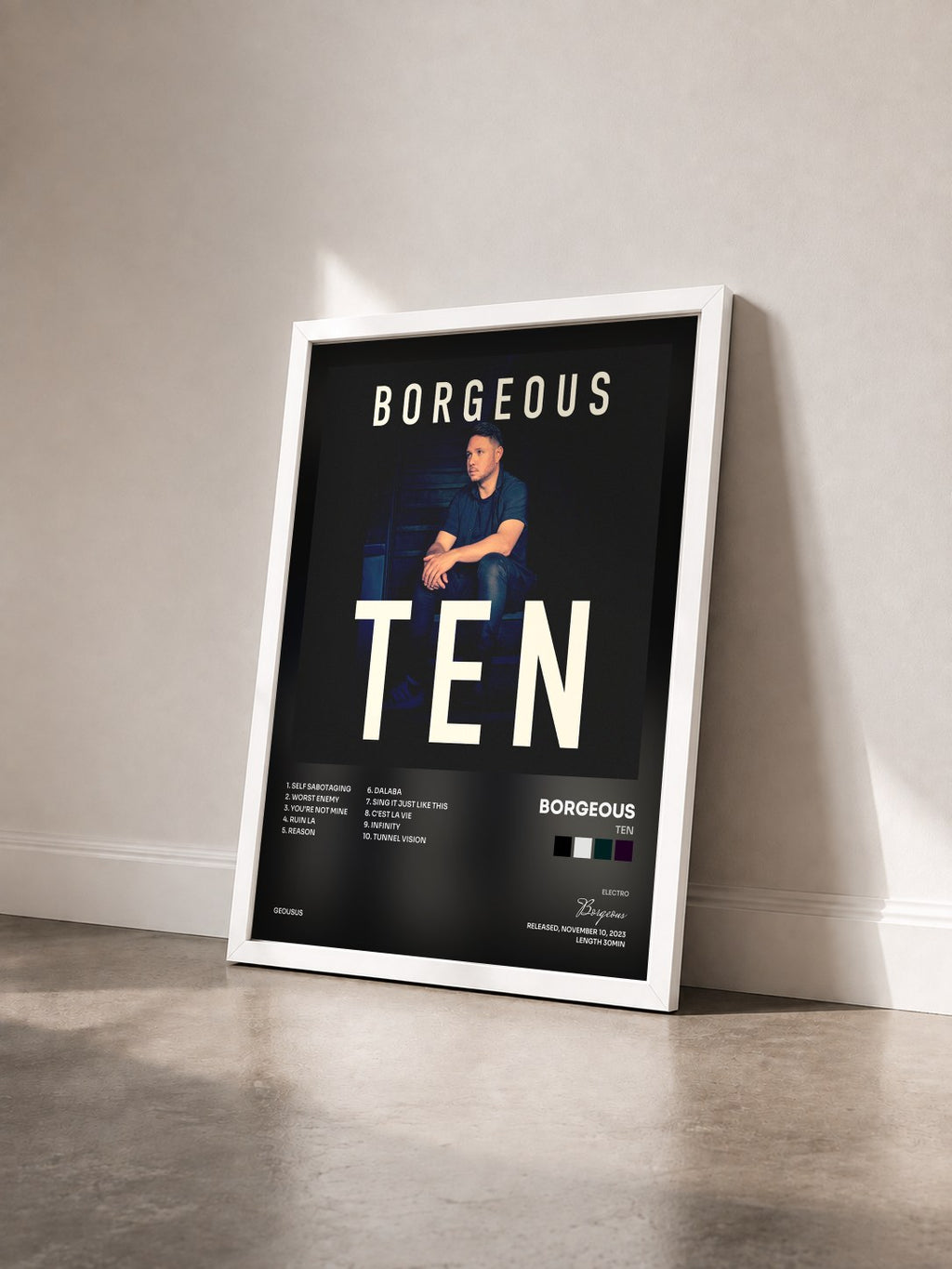 #blanc Tableau de l'album TEN de Borgeous vu de trois quarts, cadre blanc