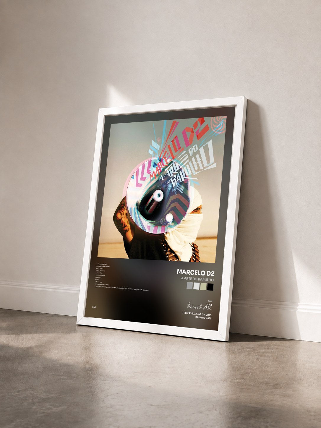 #blanc Tableau de l'album A Arte Do Barulho de Marcelo D2 vu de trois quarts, cadre blanc
