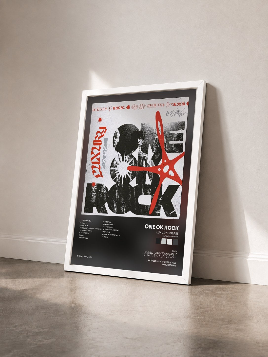 #blanc Tableau de l'album Luxury Disease (Japanese Version) de ONE OK ROCK vu de trois quarts, cadre blanc