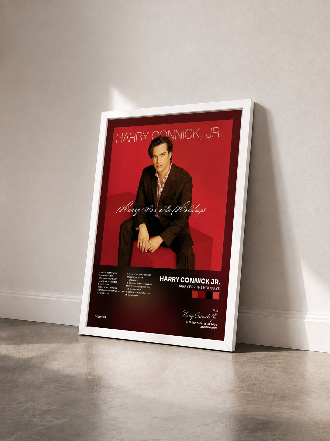 #blanc Tableau de l'album Harry For The Holidays de Harry Connick Jr. vu de trois quarts, cadre blanc