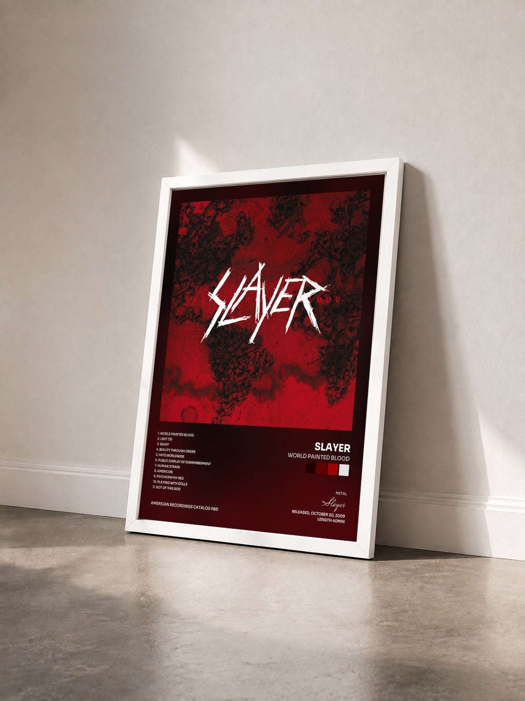 #blanc Tableau de l'album World Painted Blood de Slayer vu de trois quarts, cadre blanc