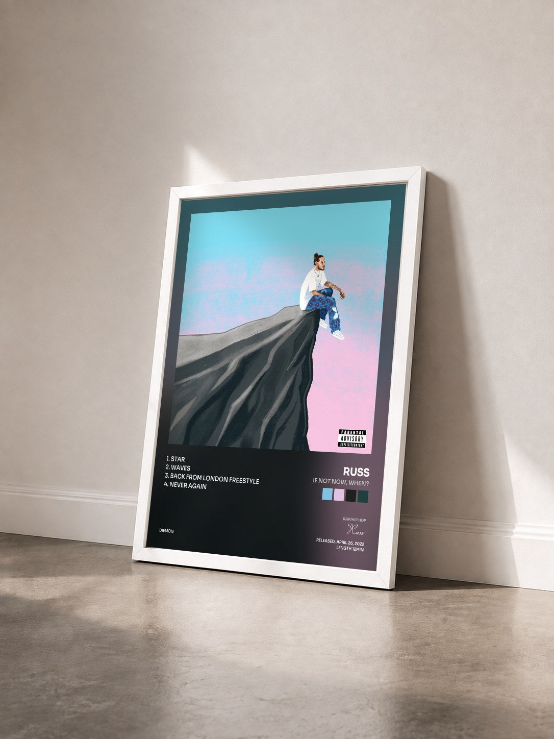 #blanc Tableau de l'album If Not Now, When? de Russ vu de trois quarts, cadre blanc