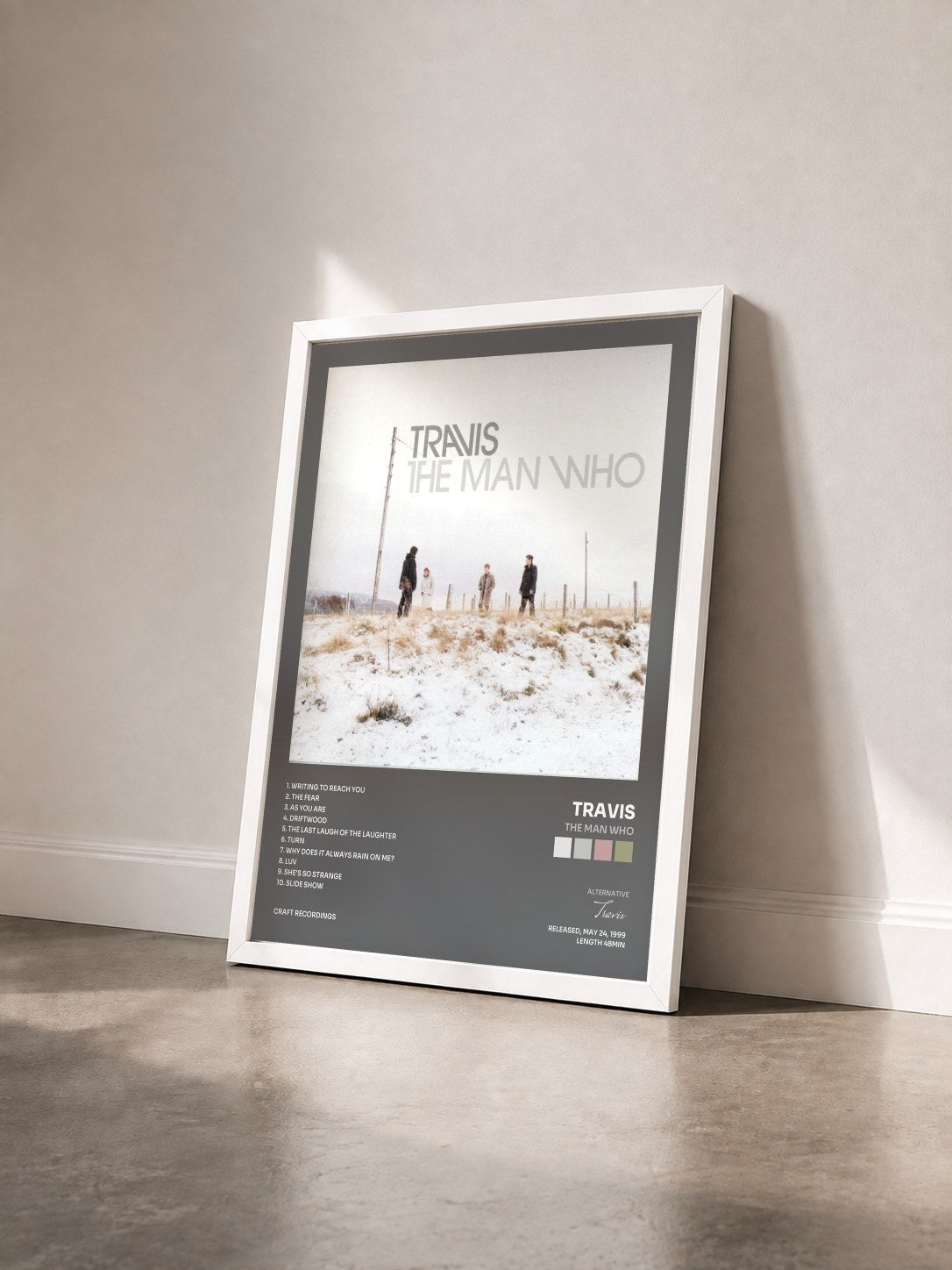 #blanc Tableau de l'album The Man Who de Travis vu de trois quarts, cadre blanc