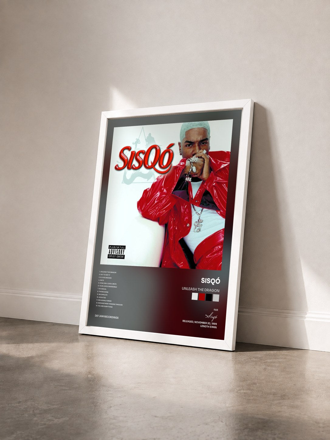 #blanc Tableau de l'album Unleash The Dragon de Sisqó vu de trois quarts, cadre blanc