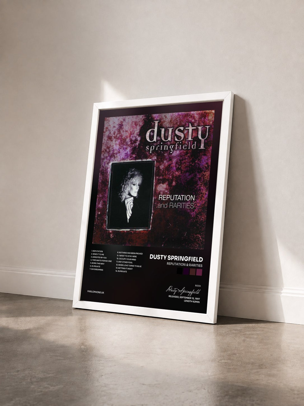 #blanc Tableau de l'album Reputation & Rarities de Dusty Springfield vu de trois quarts, cadre blanc
