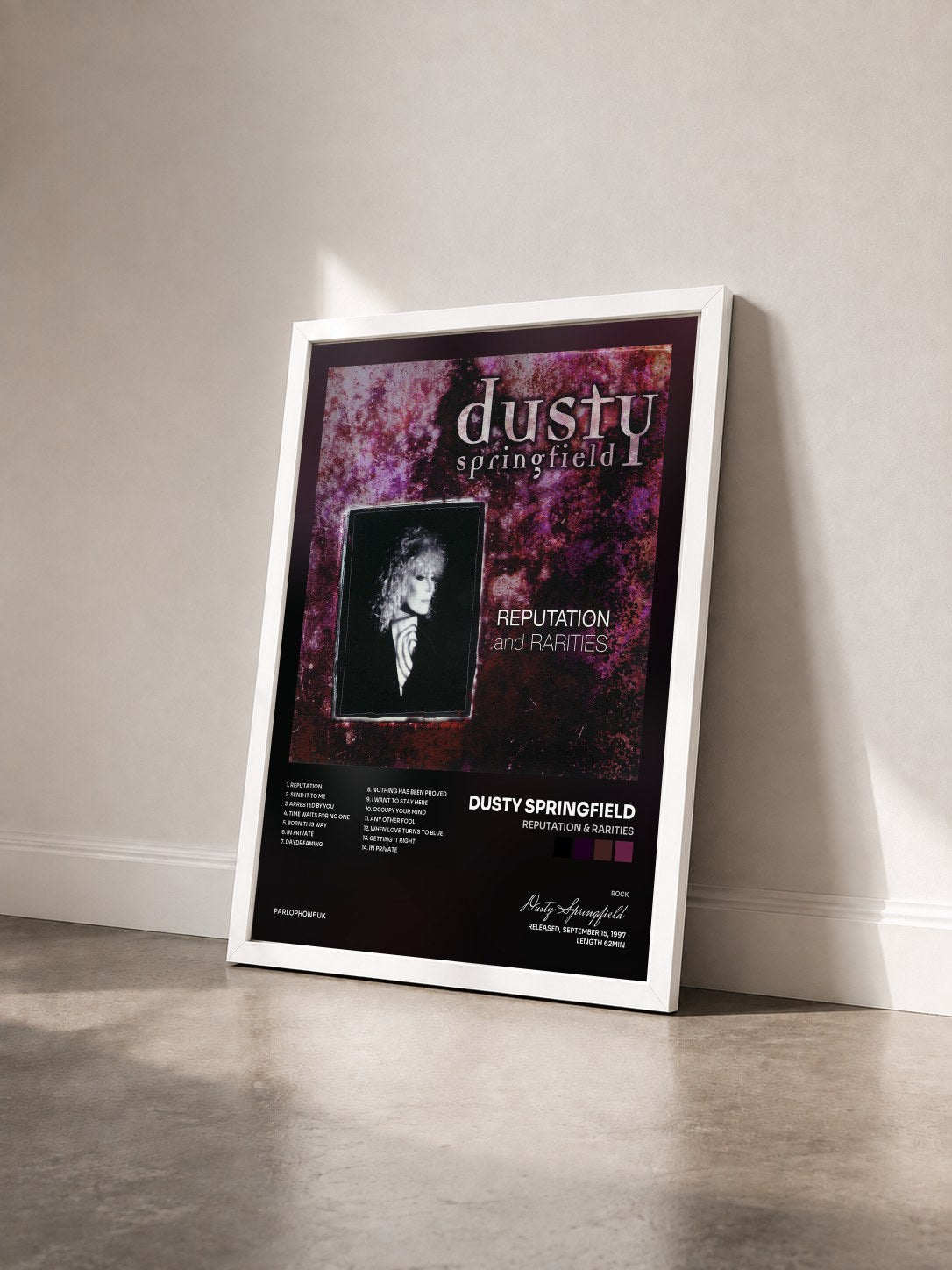 #blanc Tableau de l'album Reputation & Rarities de Dusty Springfield vu de trois quarts, cadre blanc
