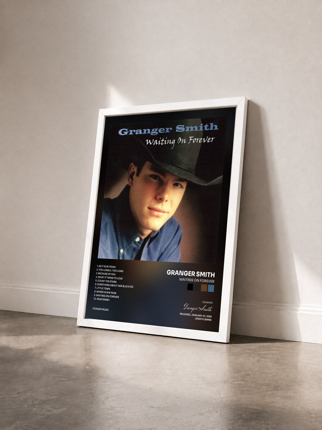 #blanc Tableau de l'album Waiting on Forever de Granger Smith vu de trois quarts, cadre blanc