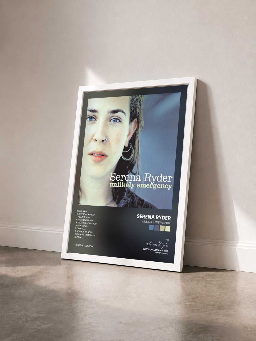 #blanc Tableau de l'album Unlikely Emergency de Serena Ryder vu de trois quarts, cadre blanc