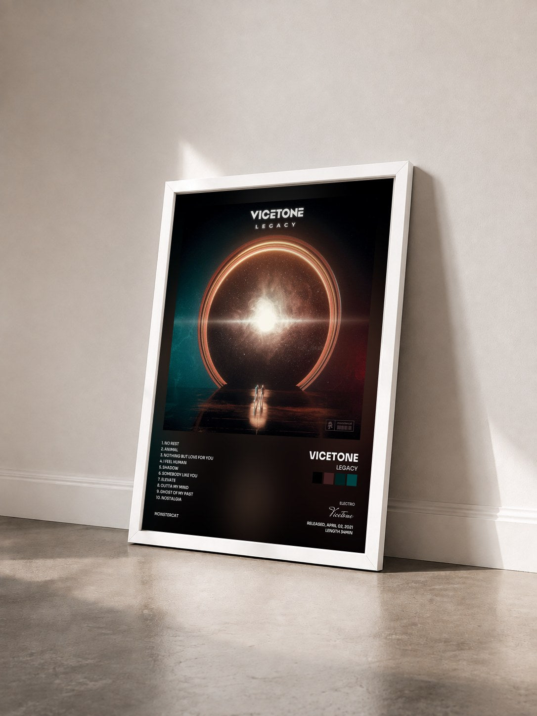 #blanc Tableau de l'album Legacy de Vicetone vu de trois quarts, cadre blanc