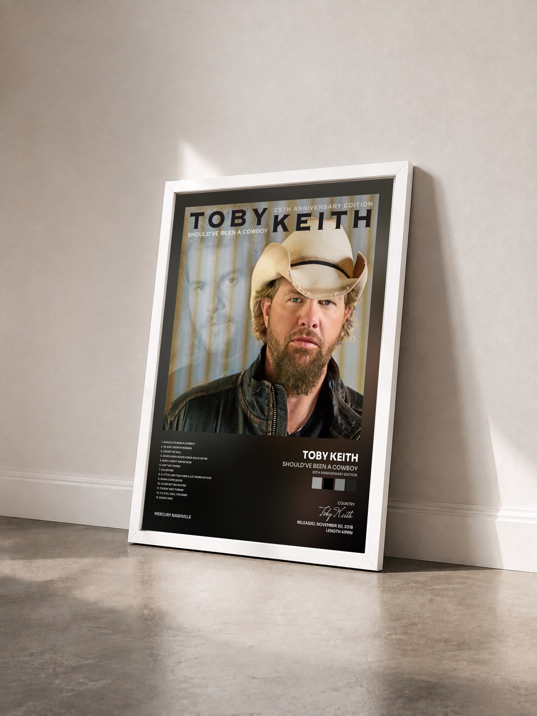 #blanc Tableau de l'album Should've Been A Cowboy (25th Anniversary Edition) de Toby Keith vu de trois quarts, cadre blanc