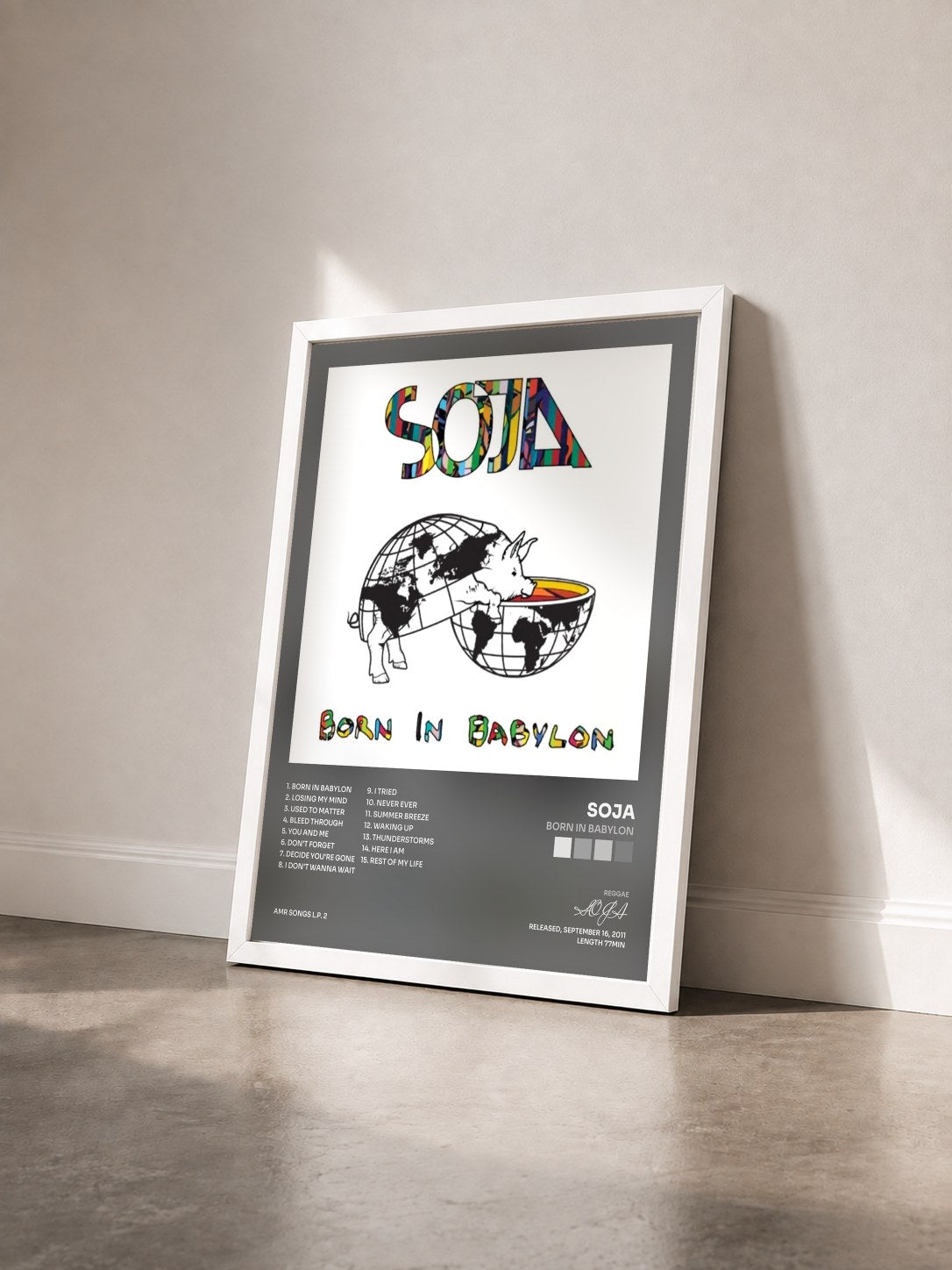 #blanc Tableau de l'album Born In Babylon de SOJA vu de trois quarts, cadre blanc