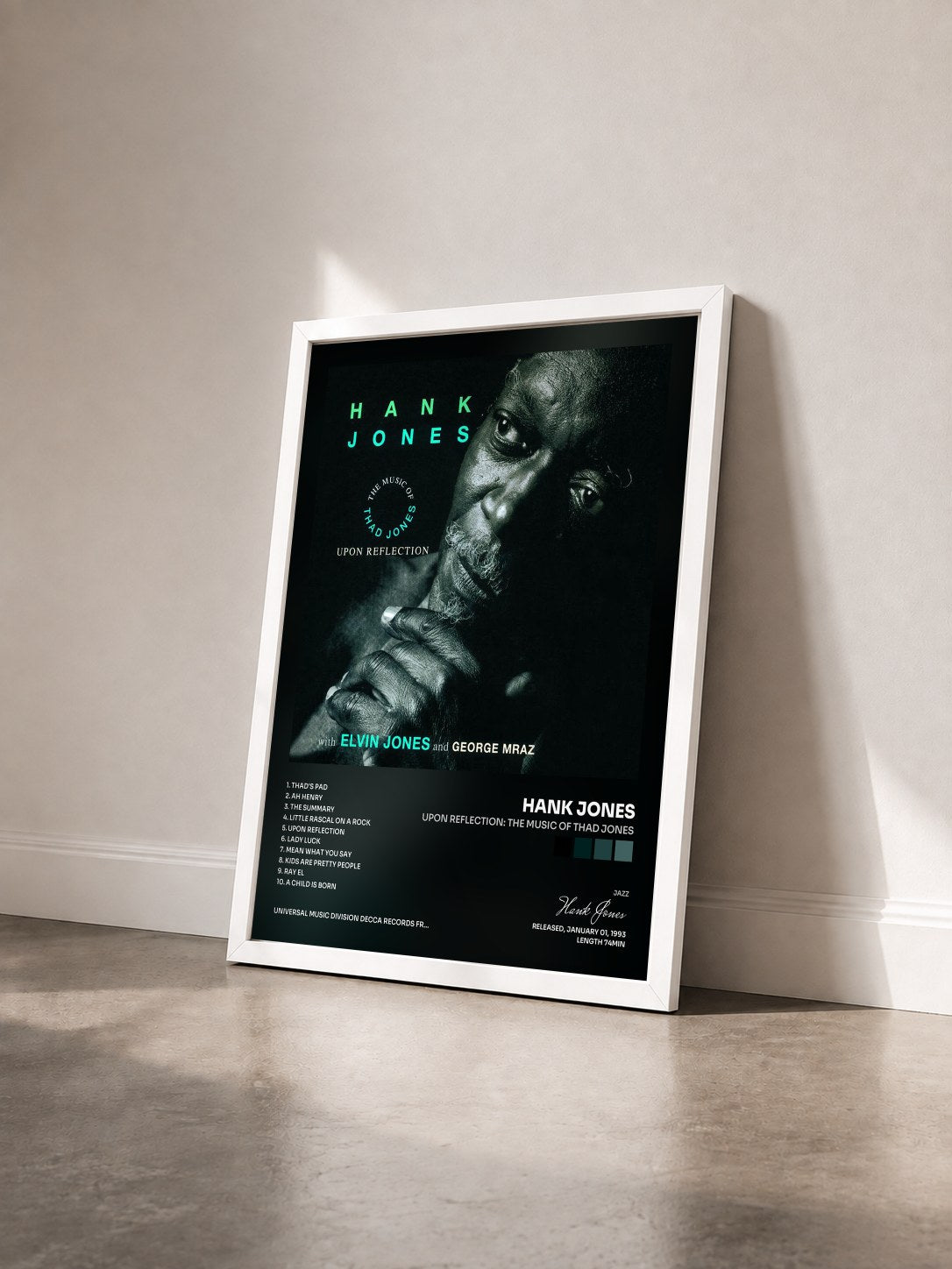 #blanc Tableau de l'album Upon Reflection: The Music Of Thad Jones de Hank Jones vu de trois quarts, cadre blanc