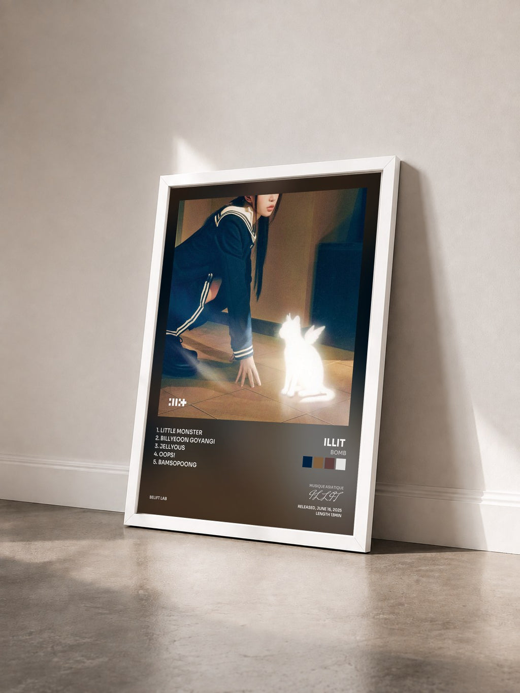 #blanc bomb by ILLIT  as a framed art print seen at an angle, white frame