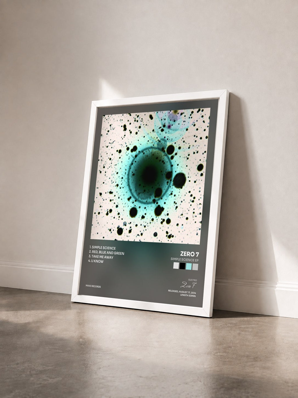 #blanc Tableau de l'album Simple Science EP de Zero 7 vu de trois quarts, cadre blanc