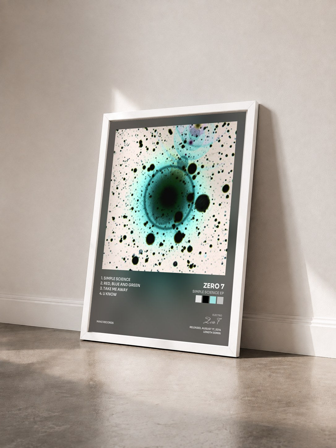 #blanc Tableau de l'album Simple Science EP de Zero 7 vu de trois quarts, cadre blanc