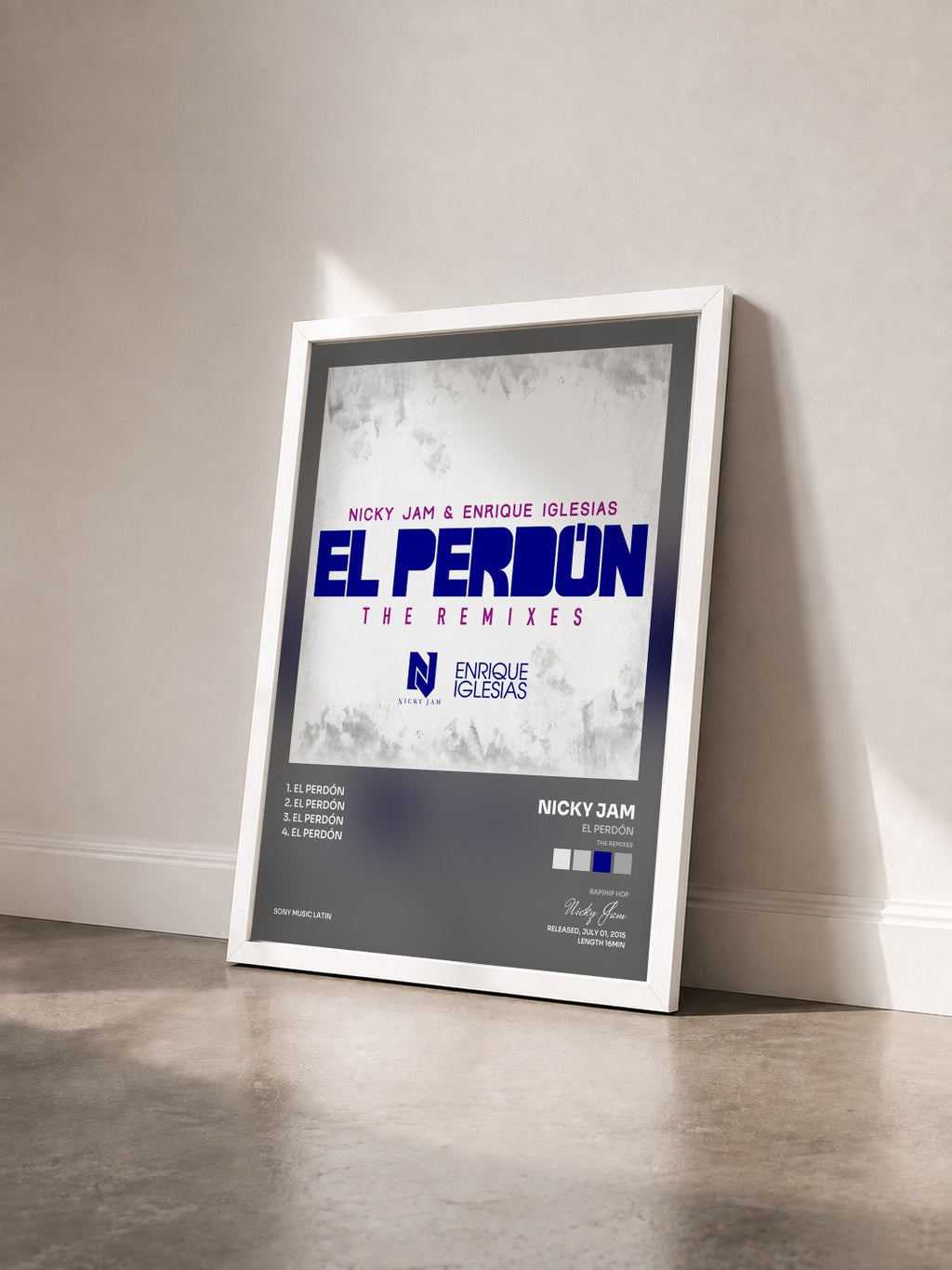#blanc Tableau de l'album El Perdón (The Remixes) de Nicky Jam vu de trois quarts, cadre blanc