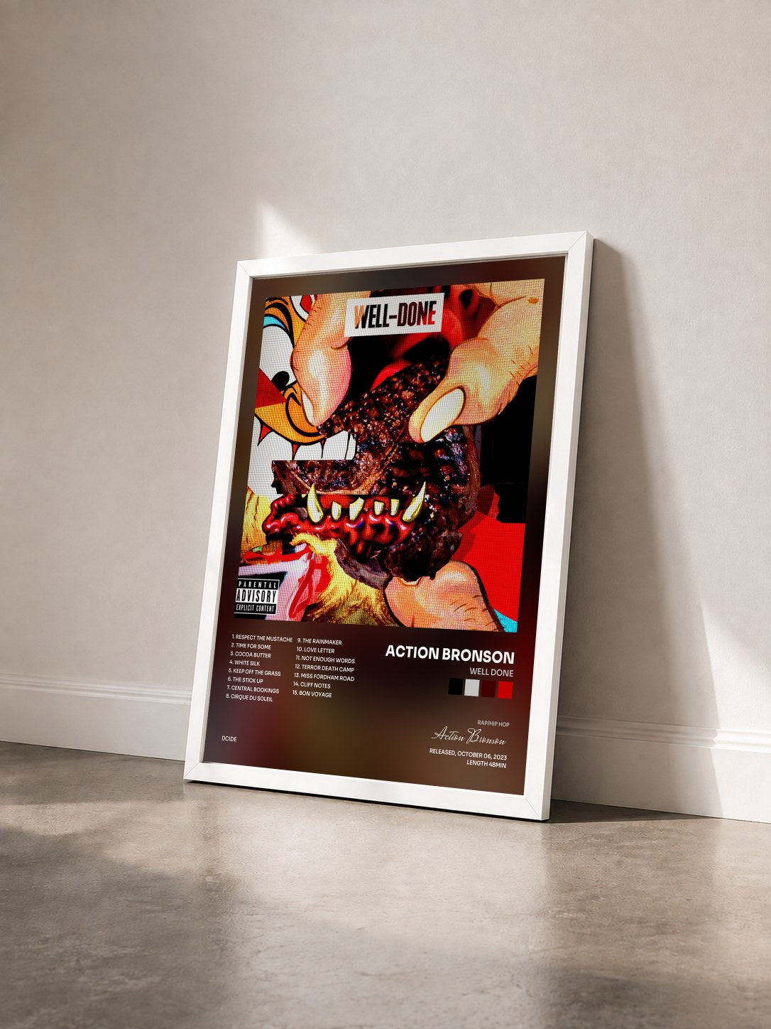 #blanc Tableau de l'album Well Done de Action Bronson vu de trois quarts, cadre blanc