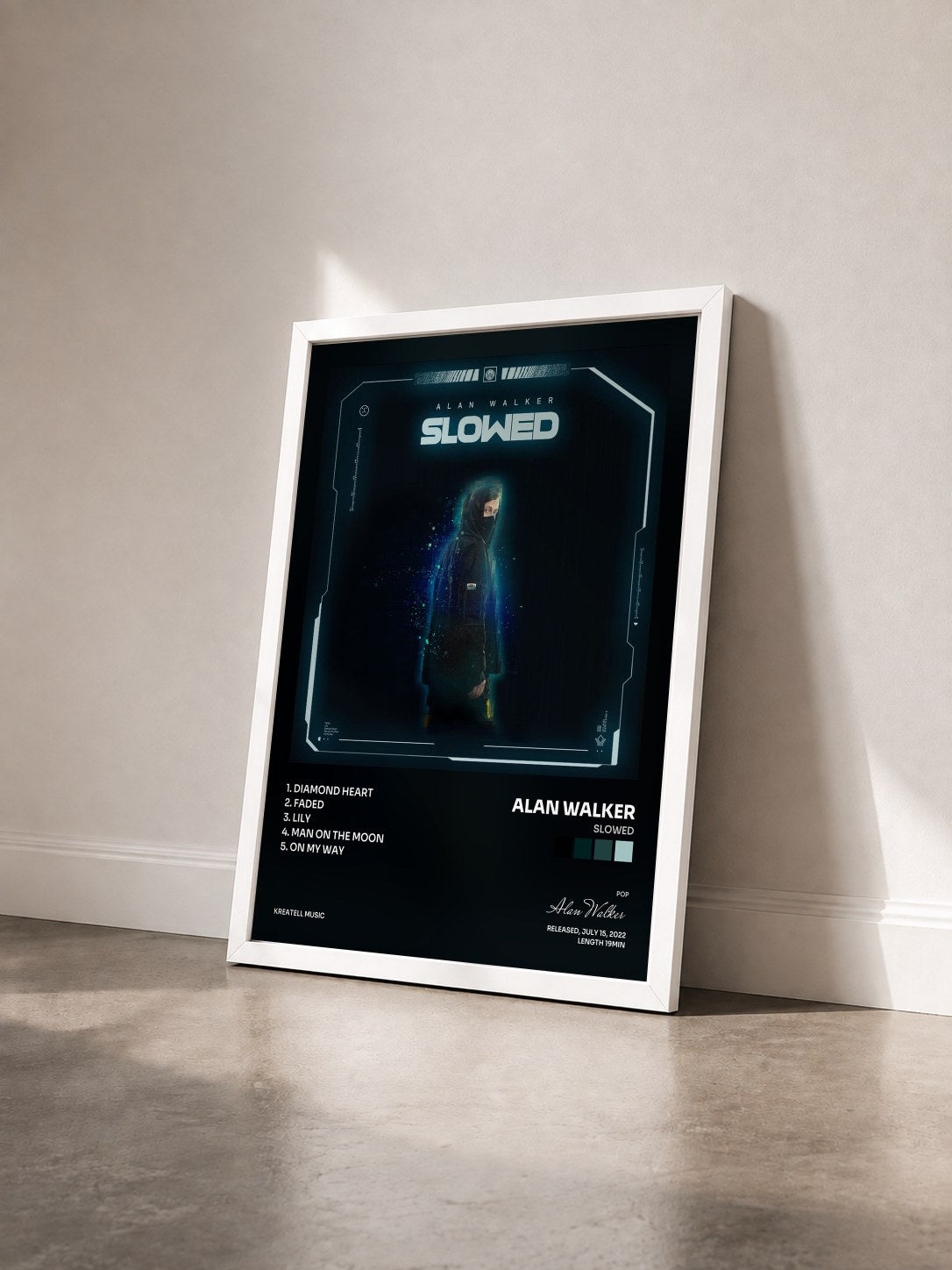 #blanc Tableau de l'album Slowed de Alan Walker vu de trois quarts, cadre blanc
