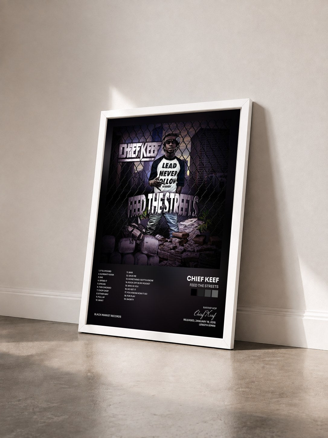 #blanc Tableau de l'album Feed The Streets de Chief Keef vu de trois quarts, cadre blanc