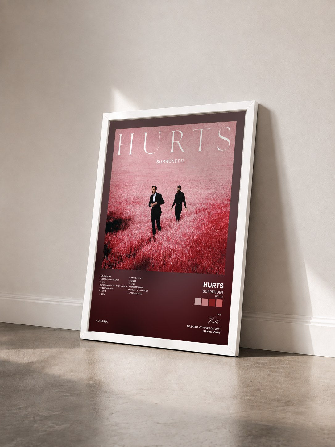 #blanc Tableau de l'album Surrender (Deluxe) de Hurts vu de trois quarts, cadre blanc