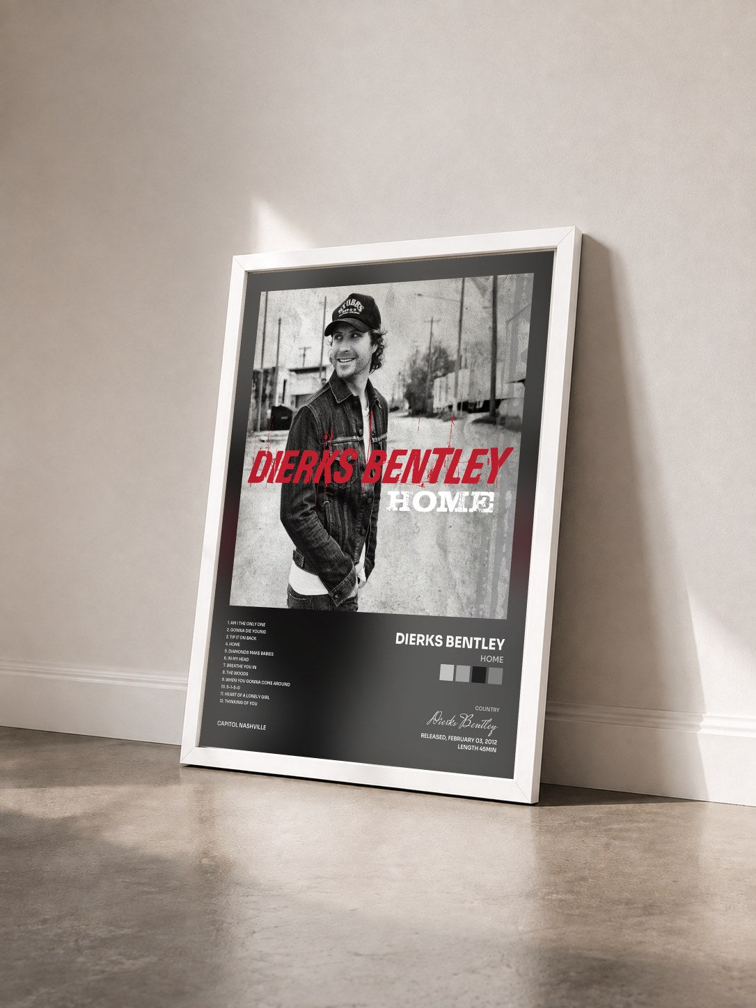 #blanc Tableau de l'album Home de Dierks Bentley vu de trois quarts, cadre blanc