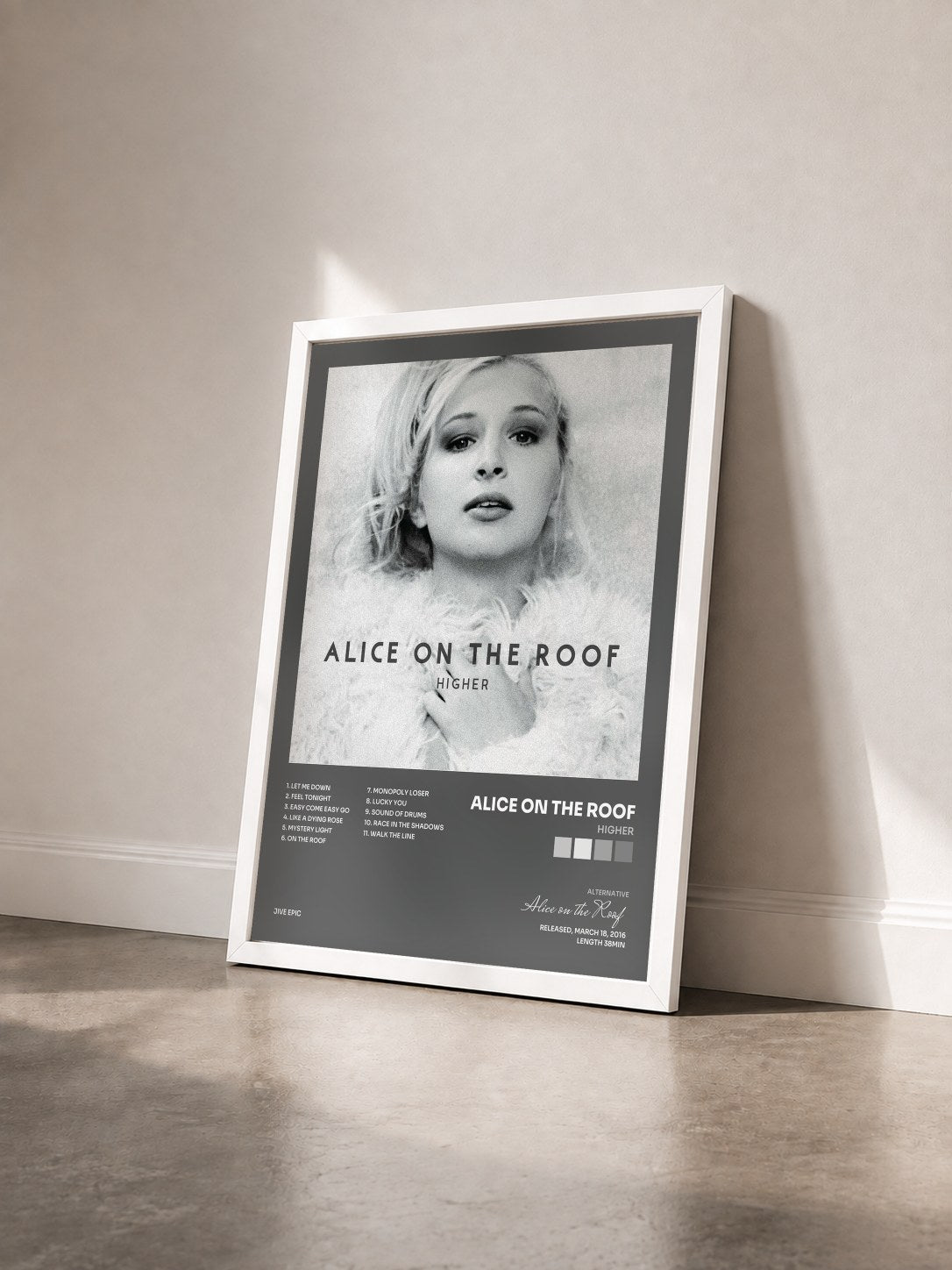 #blanc Tableau de l'album Higher de Alice on the Roof vu de trois quarts, cadre blanc