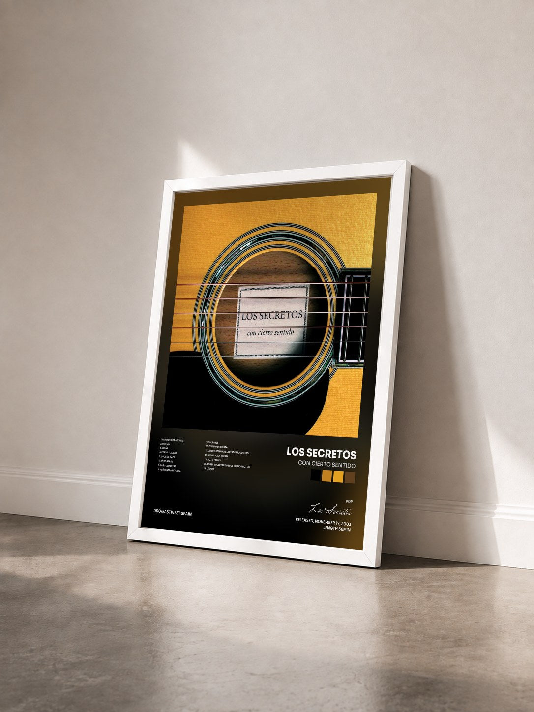 #blanc Tableau de l'album Con Cierto Sentido de Los Secretos vu de trois quarts, cadre blanc