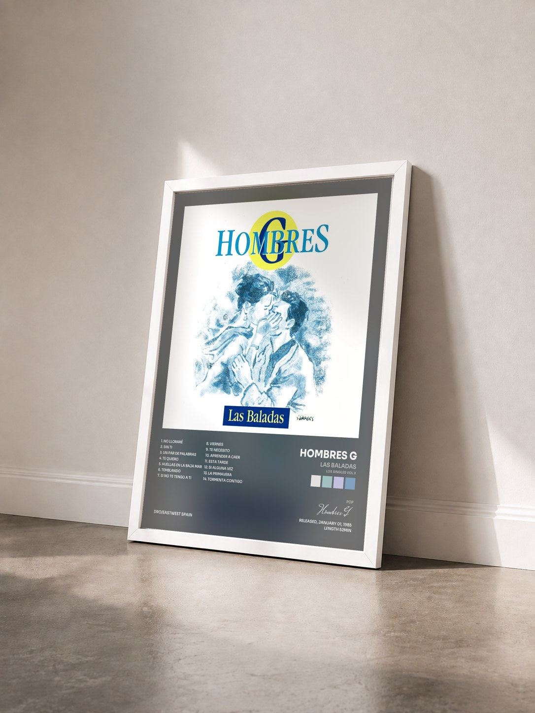 #blanc Tableau de l'album Las baladas (Los singles vol II) de Hombres G vu de trois quarts, cadre blanc