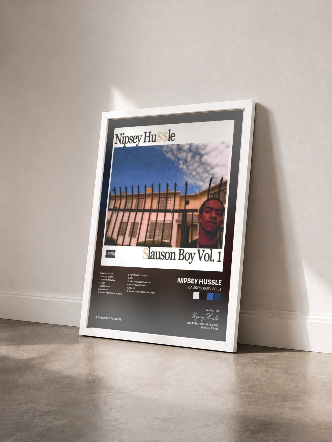 #blanc Tableau de l'album Slauson Boy, Vol. 1 de Nipsey Hussle vu de trois quarts, cadre blanc