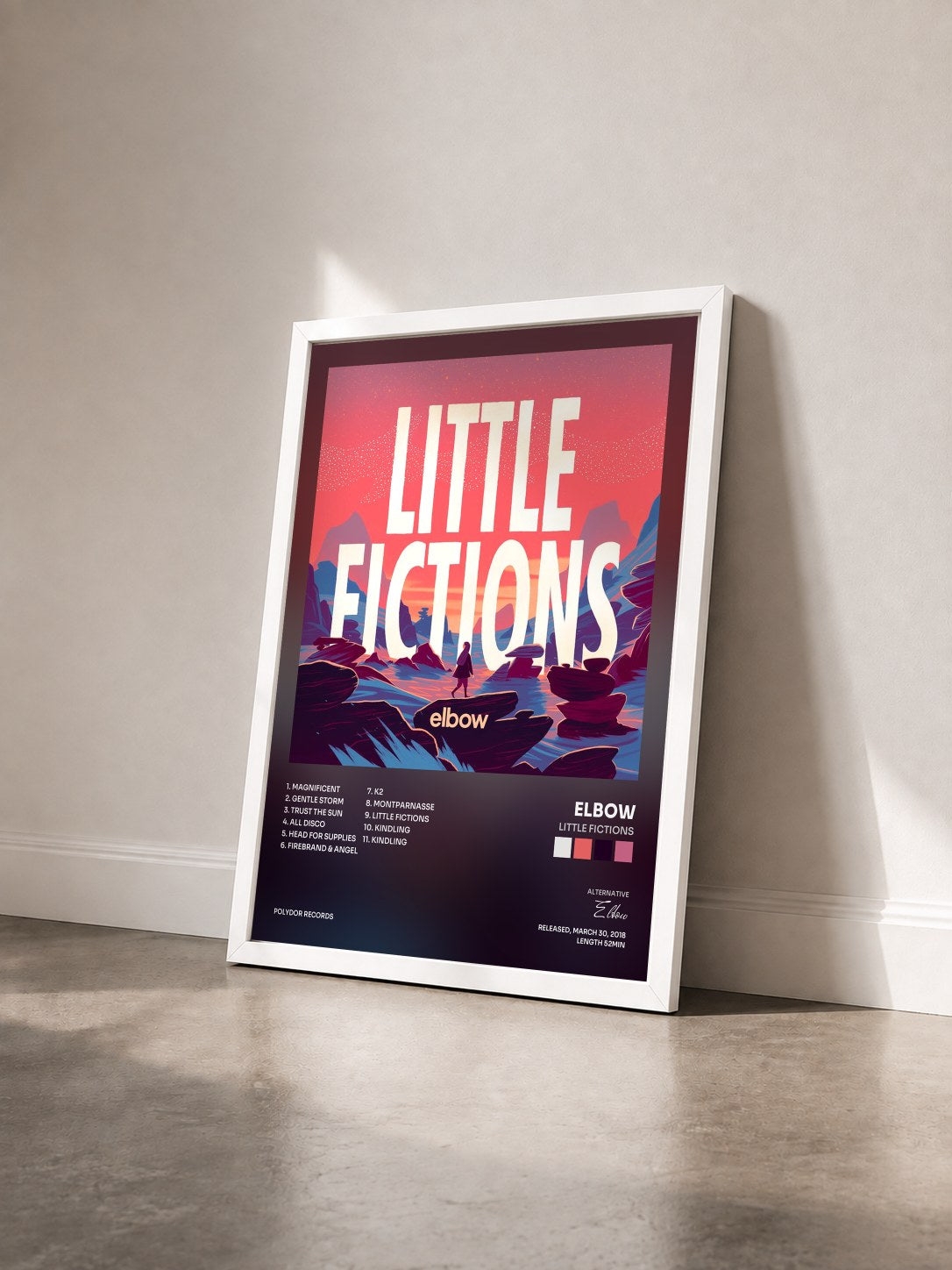 #blanc Tableau de l'album Little Fictions de Elbow vu de trois quarts, cadre blanc