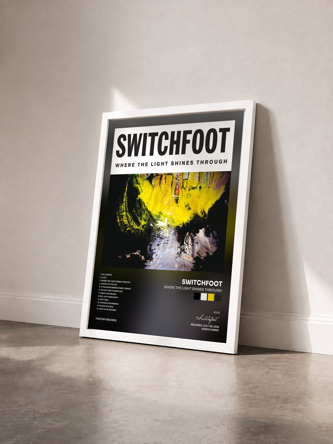 #blanc Tableau de l'album Where The Light Shines Through de Switchfoot vu de trois quarts, cadre blanc