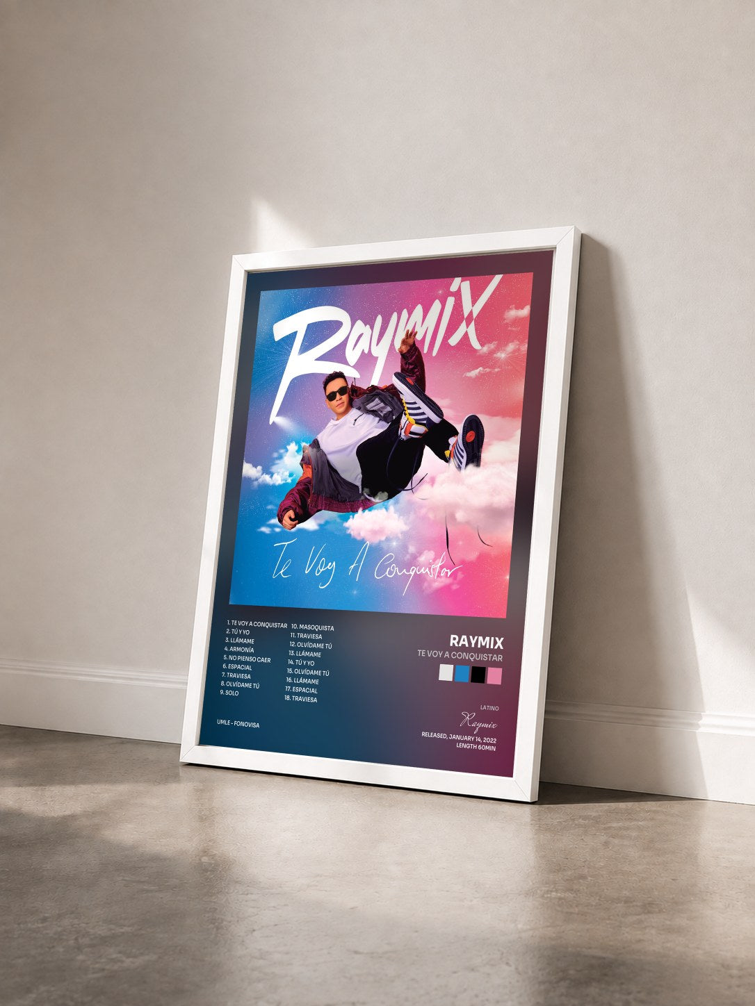 #blanc Tableau de l'album Te Voy A Conquistar de Raymix vu de trois quarts, cadre blanc