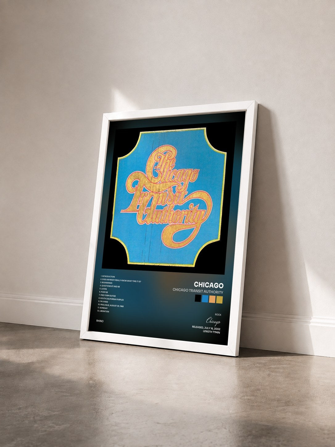 #blanc Tableau de l'album Chicago Transit Authority de Chicago vu de trois quarts, cadre blanc