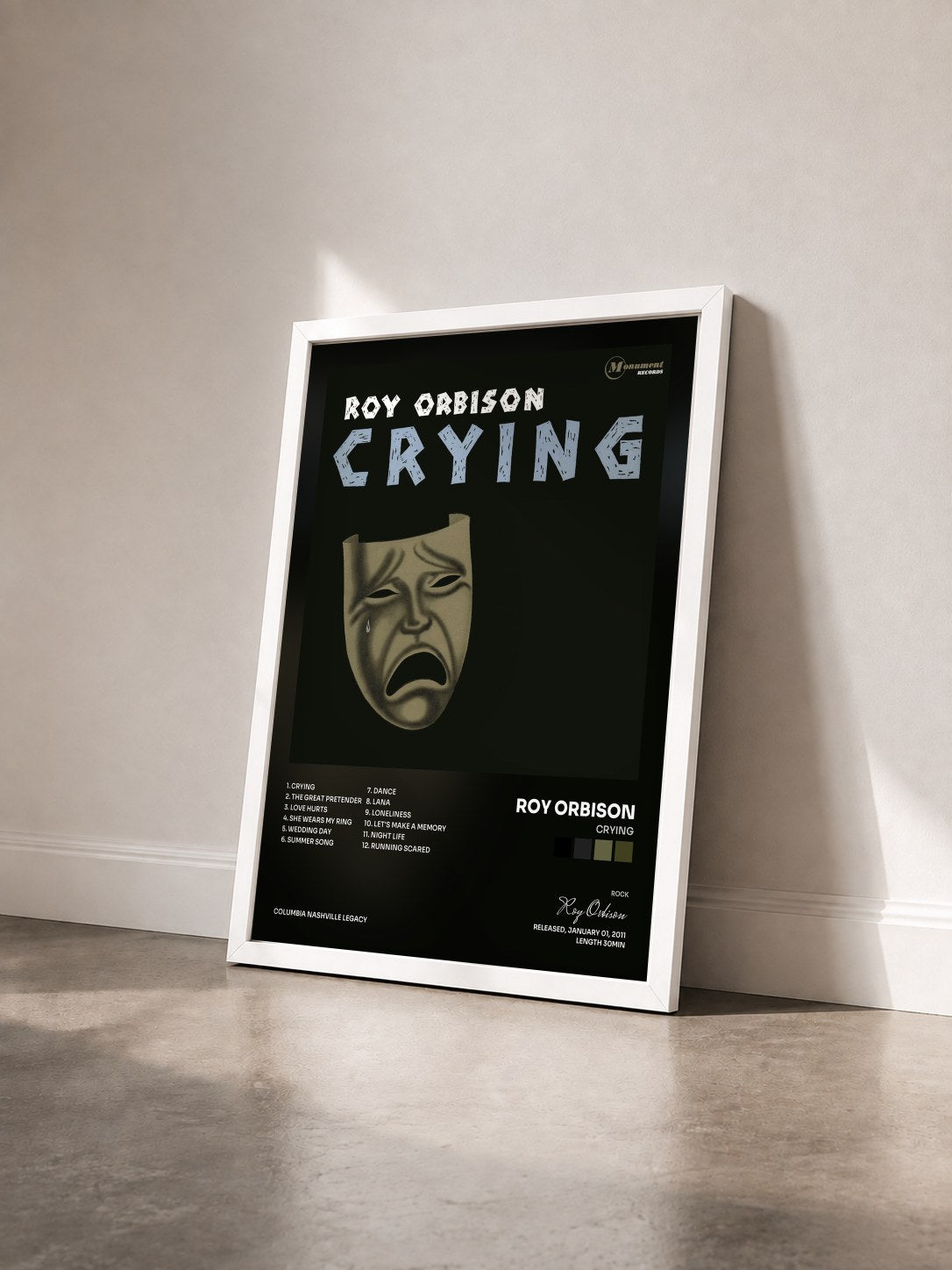 #blanc Tableau de l'album Crying de Roy Orbison vu de trois quarts, cadre blanc