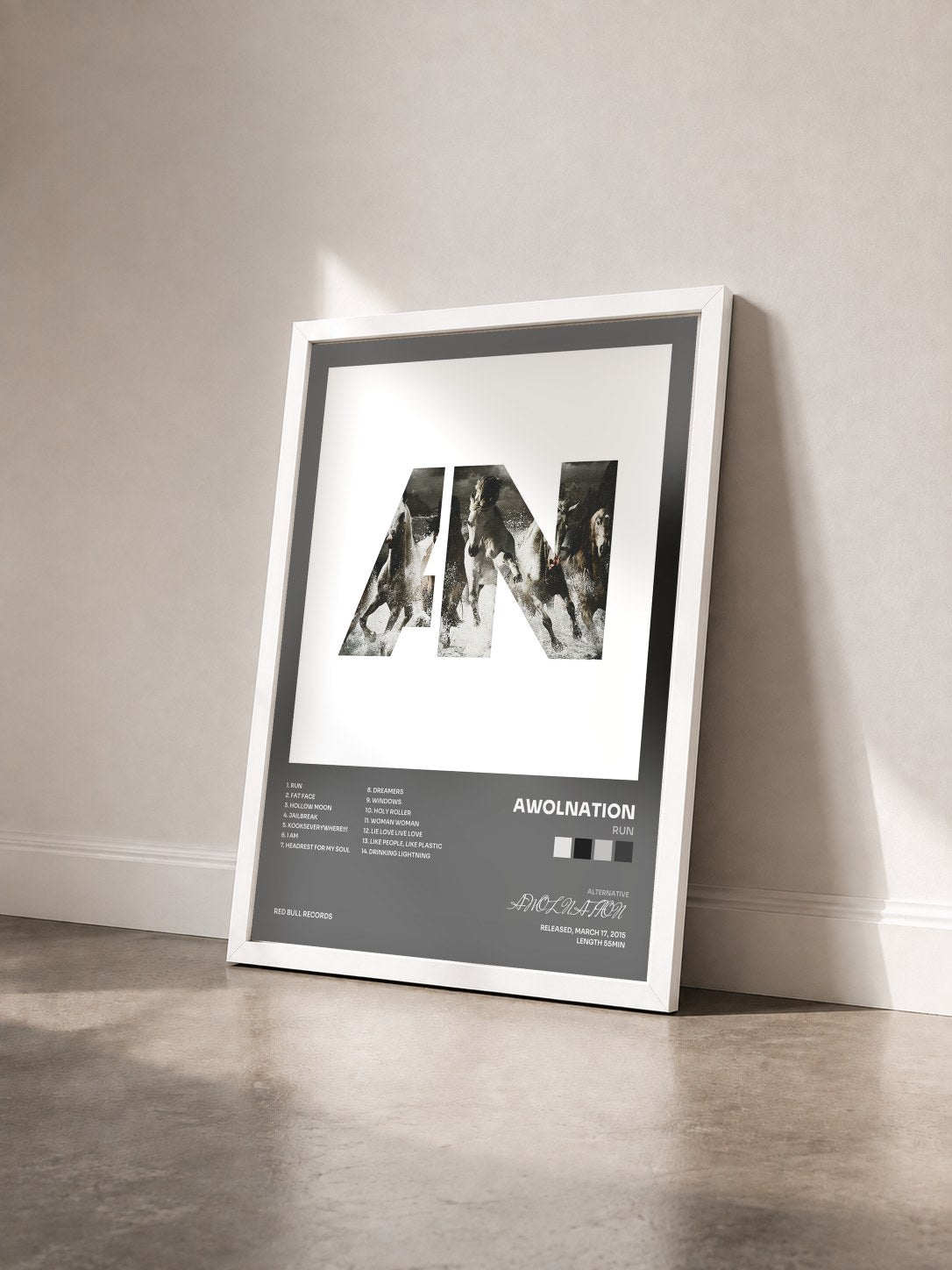 #blanc Tableau de l'album Run de AWOLNATION vu de trois quarts, cadre blanc