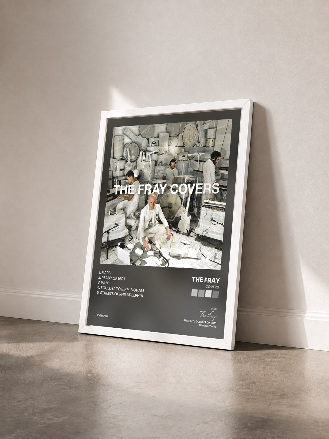 #blanc Tableau de l'album Covers de The Fray vu de trois quarts, cadre blanc
