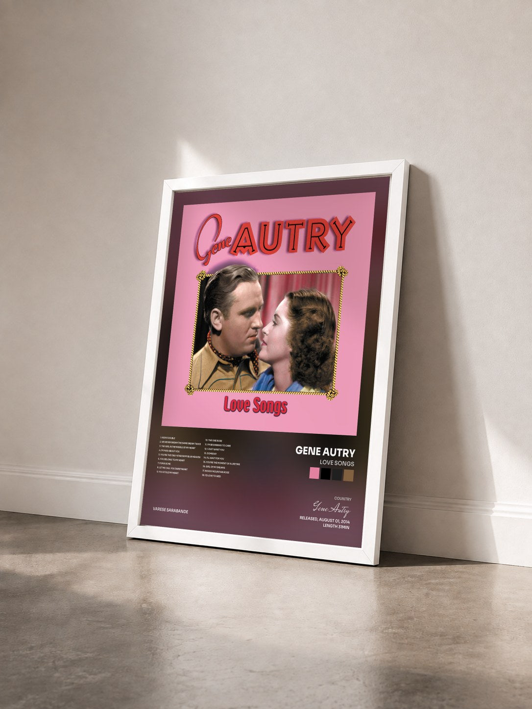 #blanc Tableau de l'album Love Songs de Gene Autry vu de trois quarts, cadre blanc