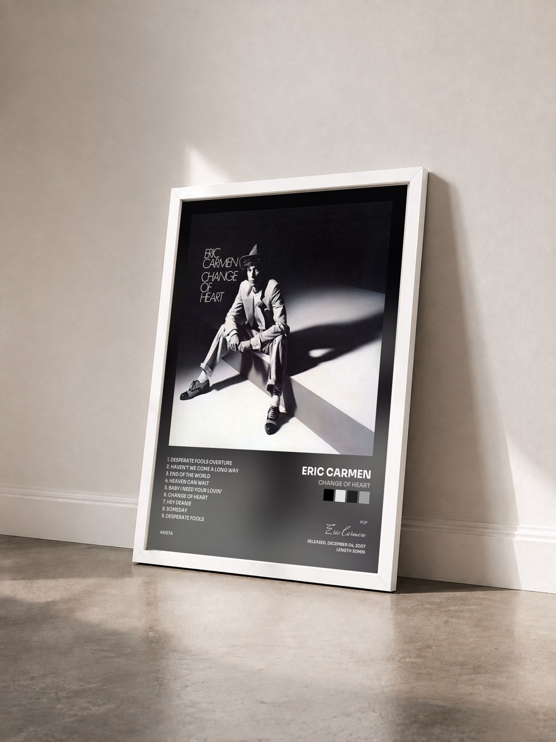 #blanc Tableau de l'album Change Of Heart de Eric Carmen vu de trois quarts, cadre blanc