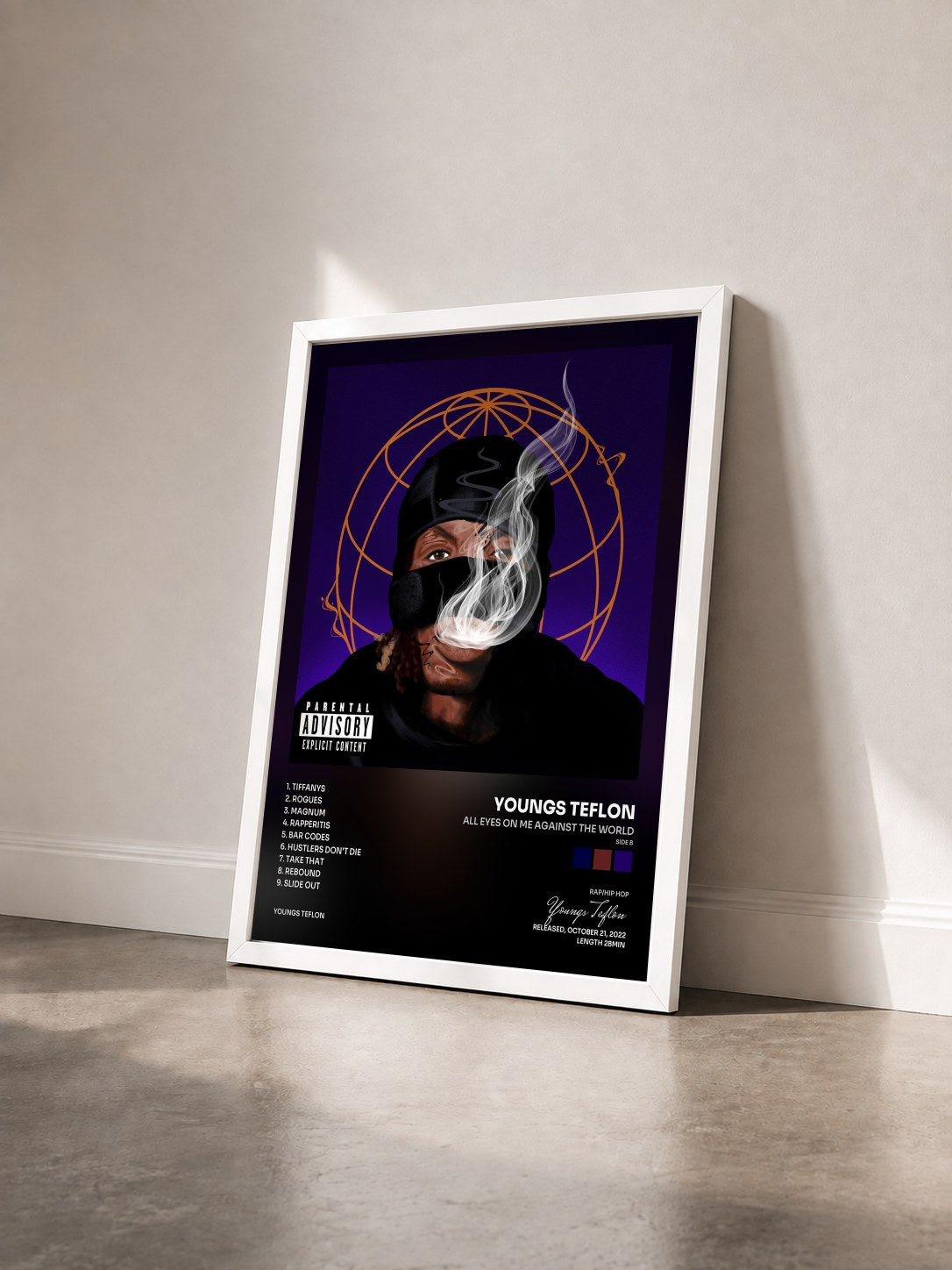 #blanc Tableau de l'album All Eyes On Me Against The World (Side B) de Youngs Teflon vu de trois quarts, cadre blanc