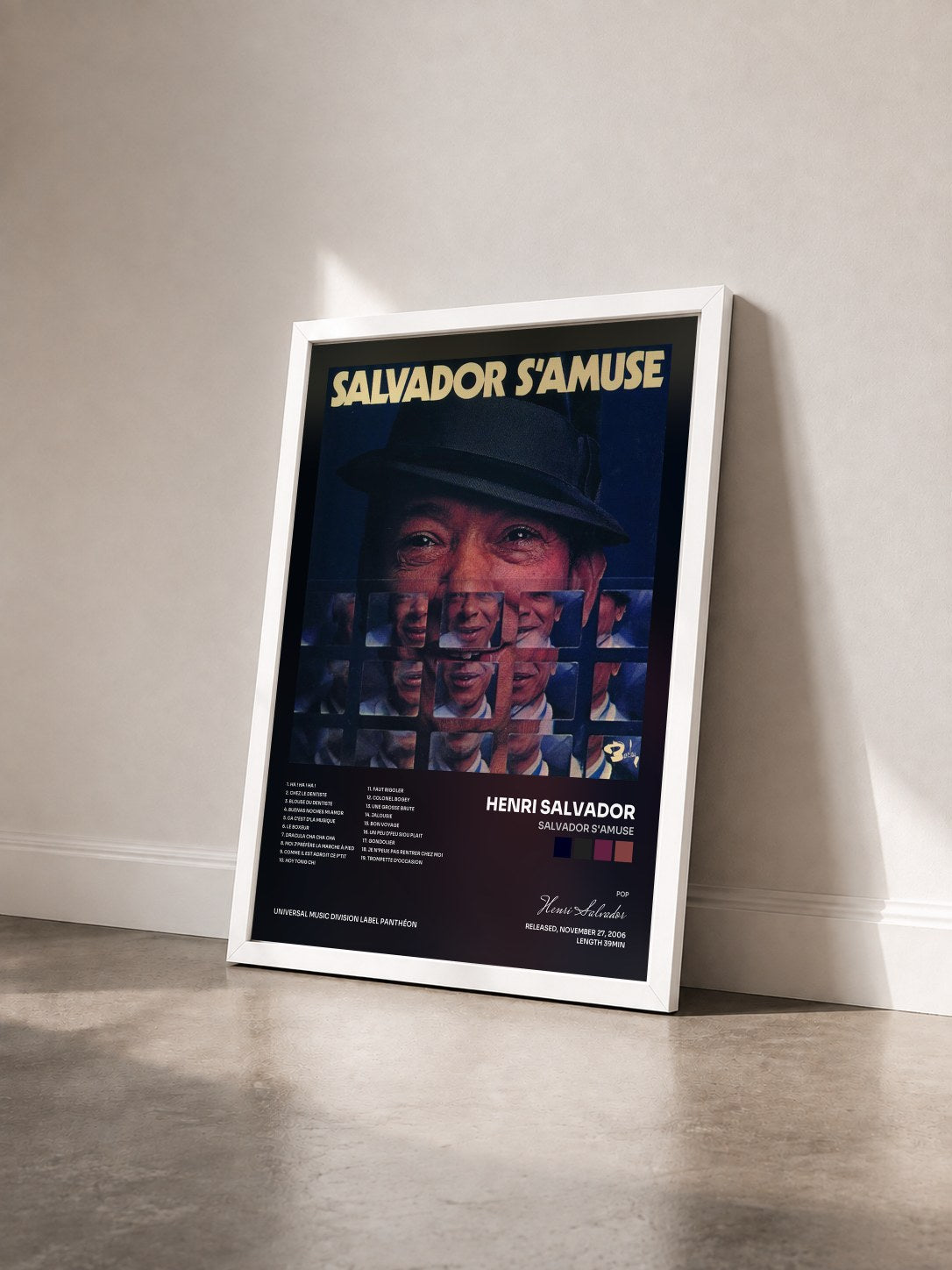 #blanc Tableau de l'album Salvador S'Amuse de Henri Salvador vu de trois quarts, cadre blanc