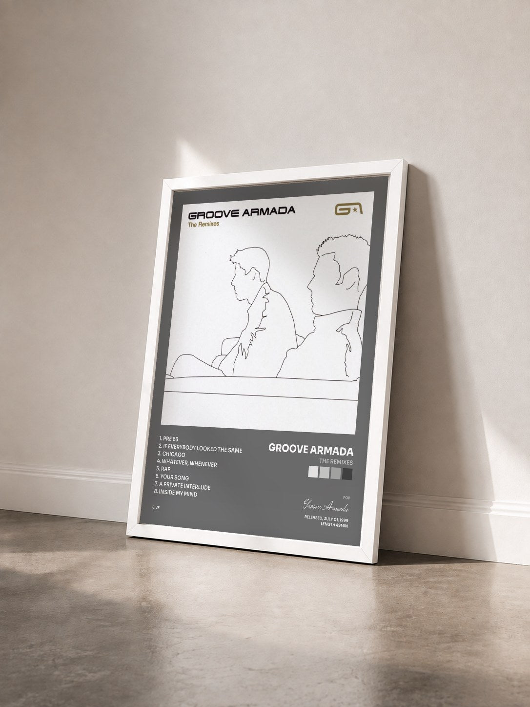 #blanc Tableau de l'album The Remixes de Groove Armada vu de trois quarts, cadre blanc