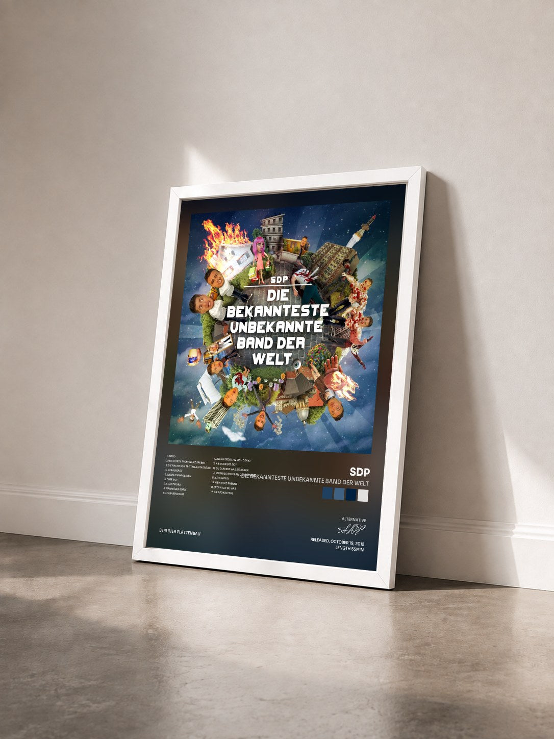 #blanc Tableau de l'album Die bekannteste unbekannte Band der Welt de SDP vu de trois quarts, cadre blanc