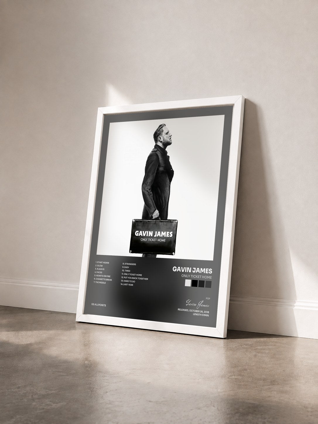 #blanc Tableau de l'album Only Ticket Home de Gavin James vu de trois quarts, cadre blanc