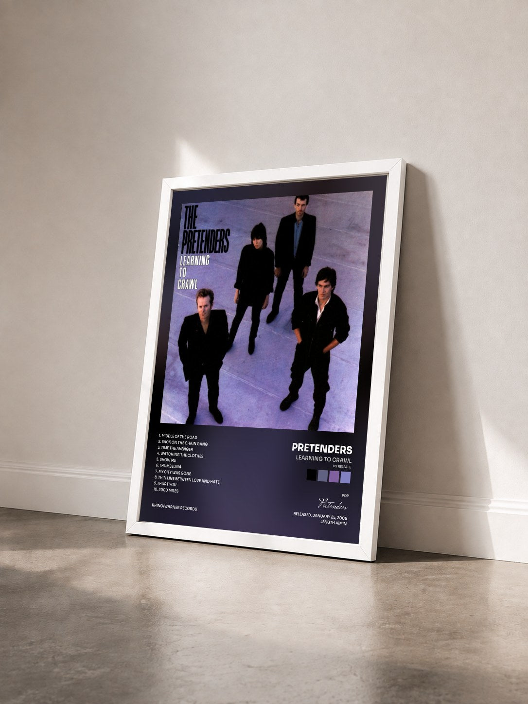 #blanc Tableau de l'album Learning to Crawl (US Release) de Pretenders vu de trois quarts, cadre blanc