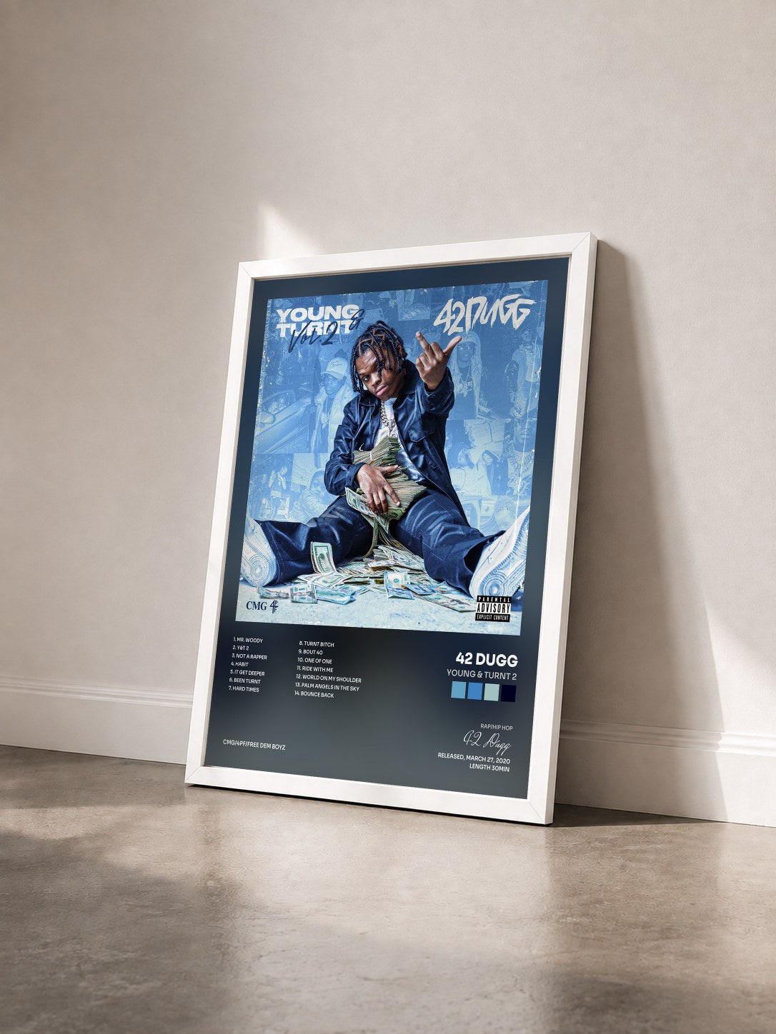 #blanc Tableau de l'album Young & Turnt 2 de 42 Dugg vu de trois quarts, cadre blanc