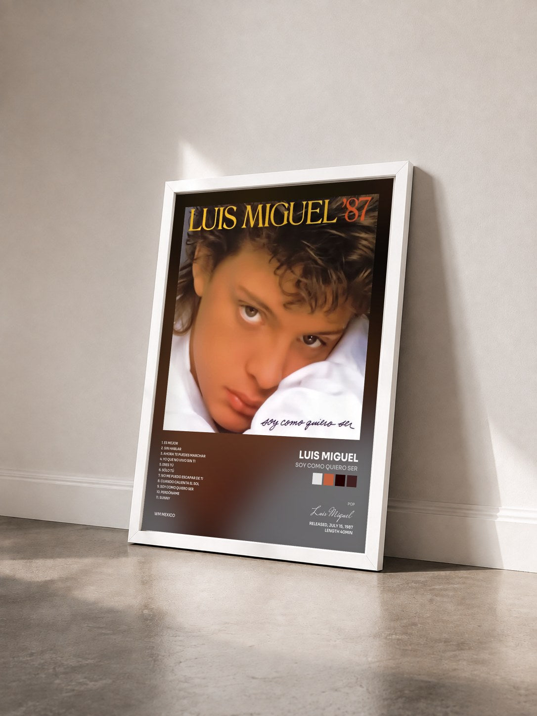 #blanc Tableau de l'album Soy Como Quiero Ser de Luis Miguel vu de trois quarts, cadre blanc