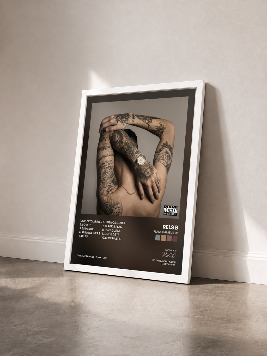 #blanc Tableau de l'album Flakk Daniel's Lp de Rels B vu de trois quarts, cadre blanc