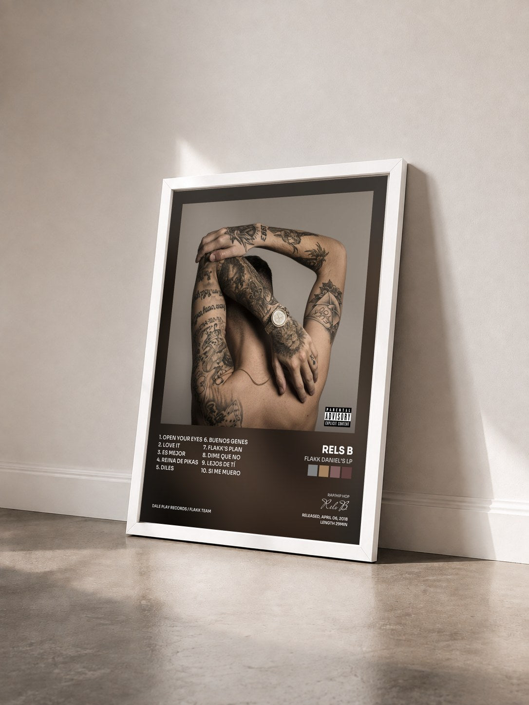 #blanc Tableau de l'album Flakk Daniel's Lp de Rels B vu de trois quarts, cadre blanc