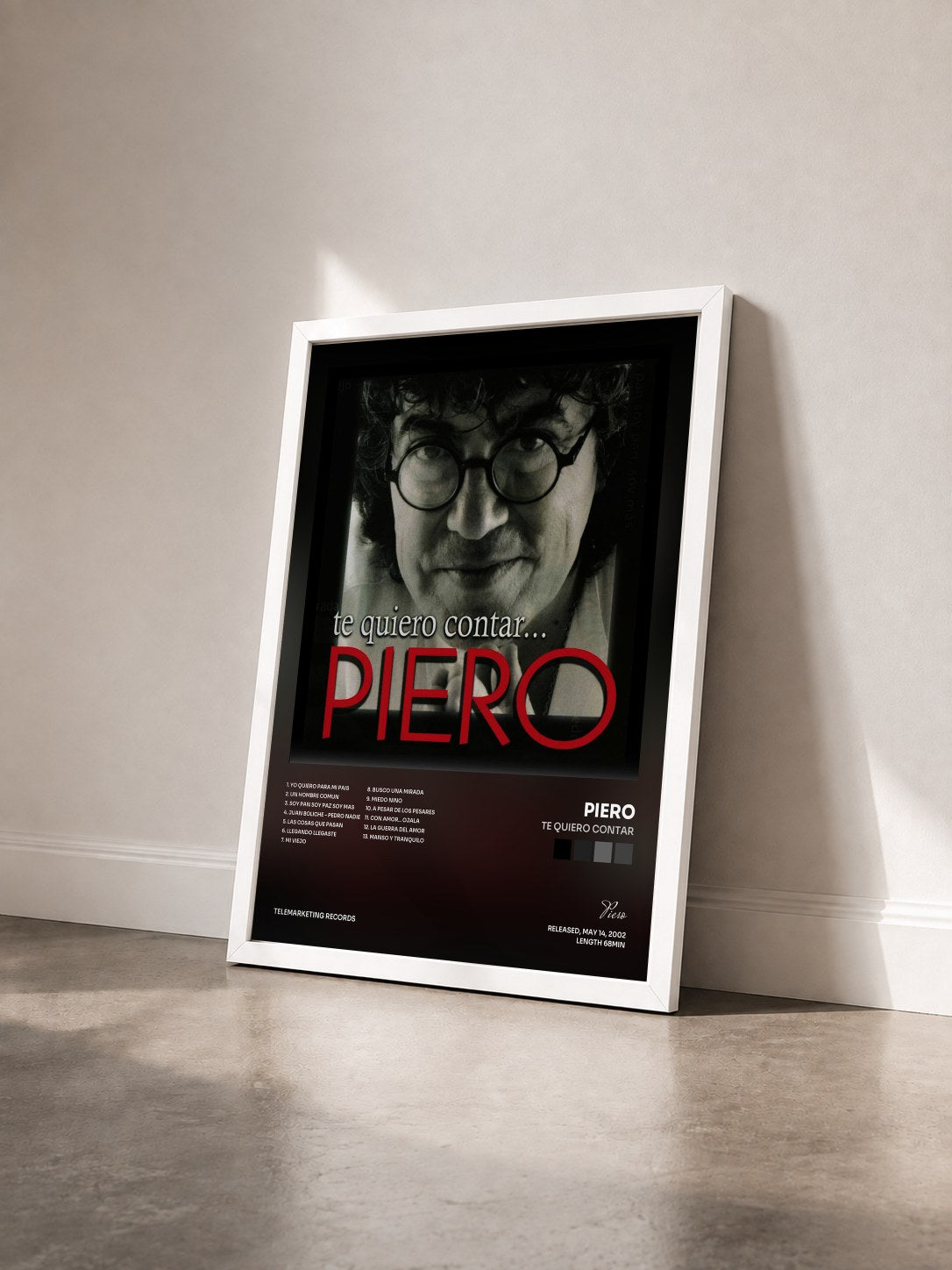 #blanc Tableau de l'album Te Quiero Contar de Piero vu de trois quarts, cadre blanc